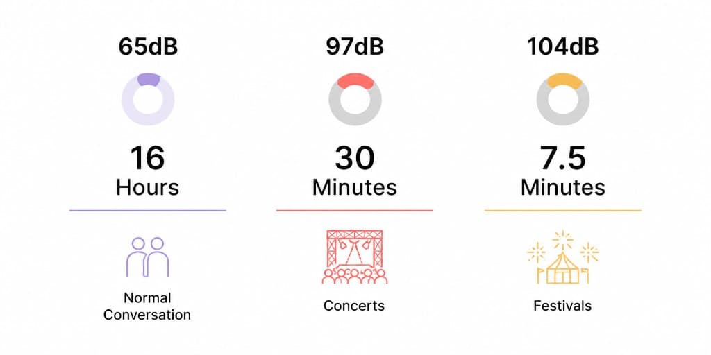 Chart showing dangerous decibel exposure times at concerts and festivals